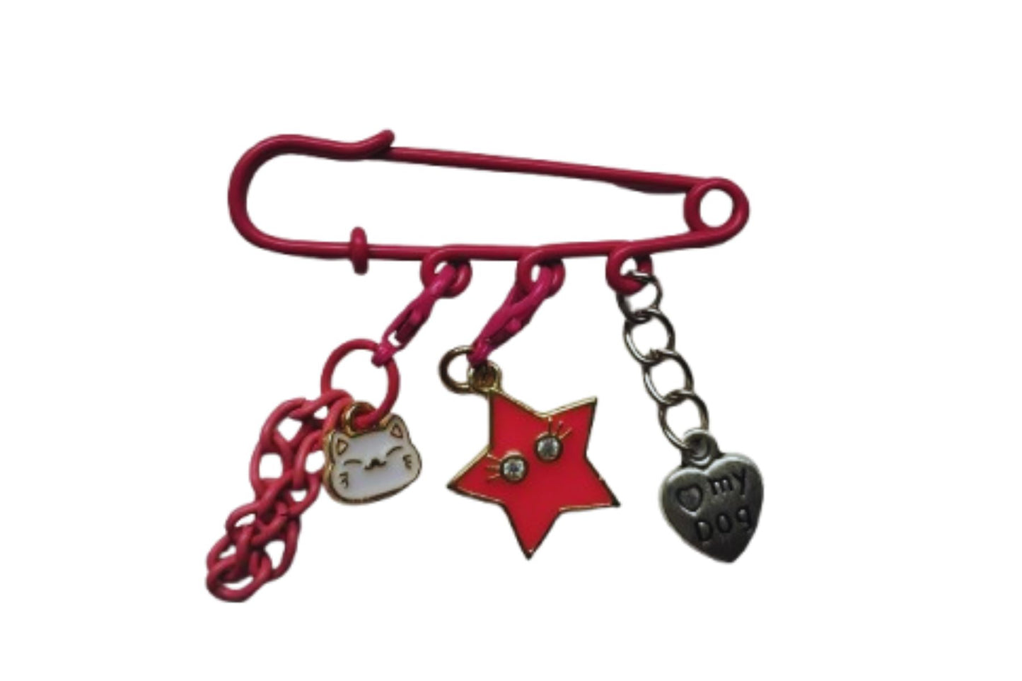 Broche Fucsia con Dijes de Gatito, Estrella y Huellita