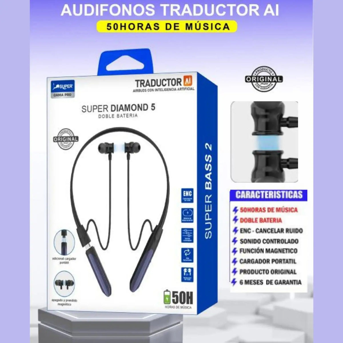 Audífonos Bluetooth 5.3 Super Diamond 5 — 50H + Traductor AI