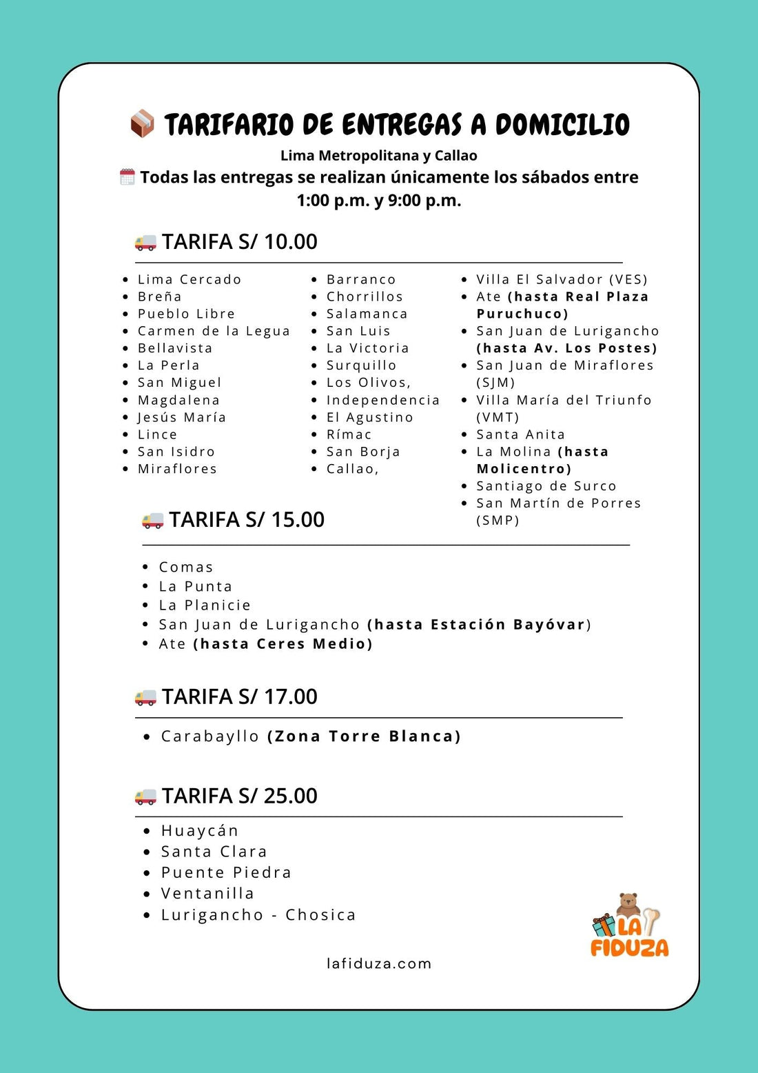 Tarifario de Entregas a Domicilio